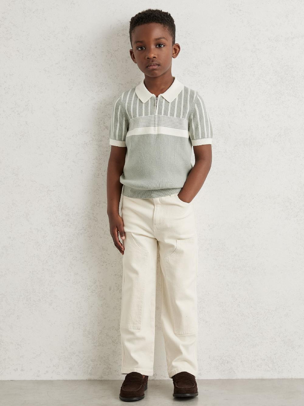 Reiss 3-9 Yrs Cotton Stripe Knit Half-Zip Polo Shirt In Sage Green/Off White