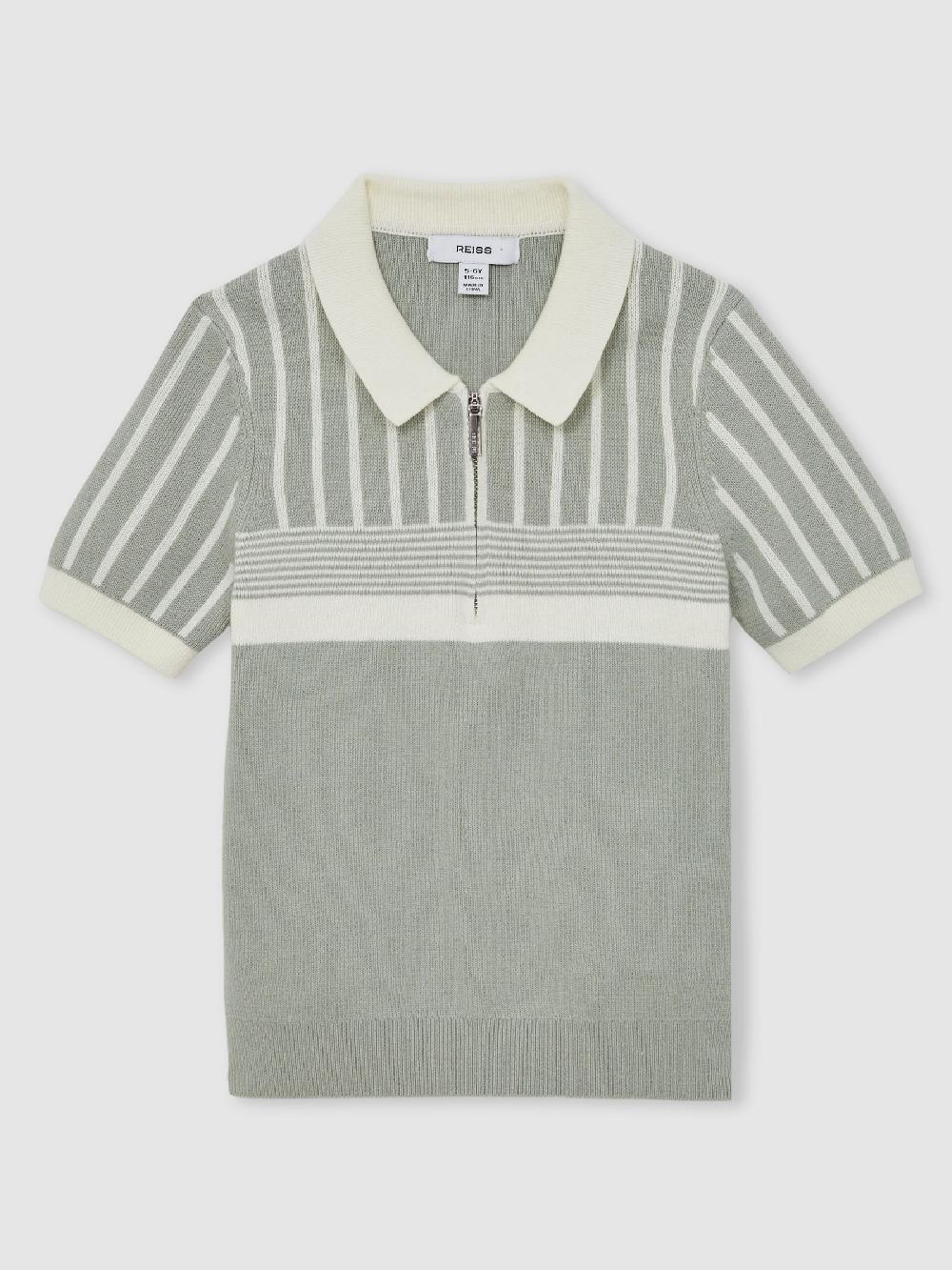 Reiss 3-9 Yrs Cotton Stripe Knit Half-Zip Polo Shirt In Sage Green/Off White