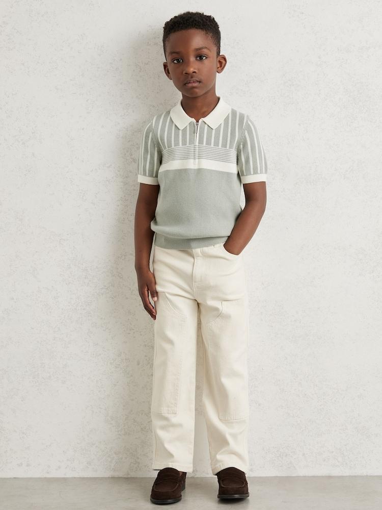 reiss 3-9 yrs Cotton Stripe Knit Half-Zip Polo Shirt in Sage Green/Off White