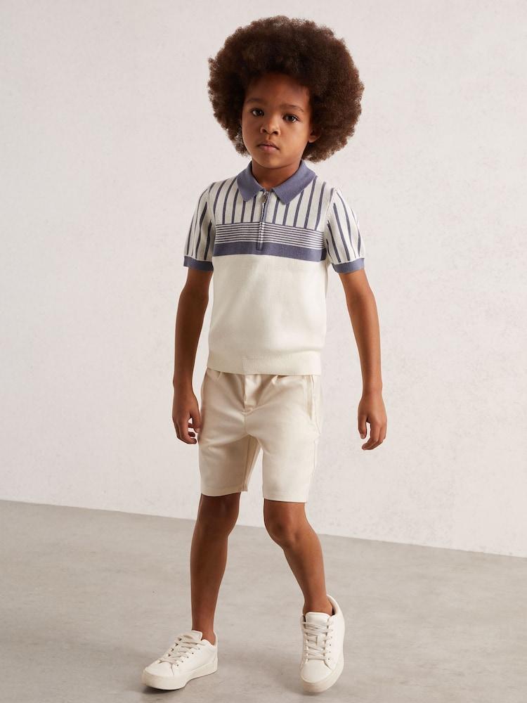 reiss 3-9 yrs Cotton Stripe Knit Half-Zip Polo Shirt in Off White/ Airforce Blue
