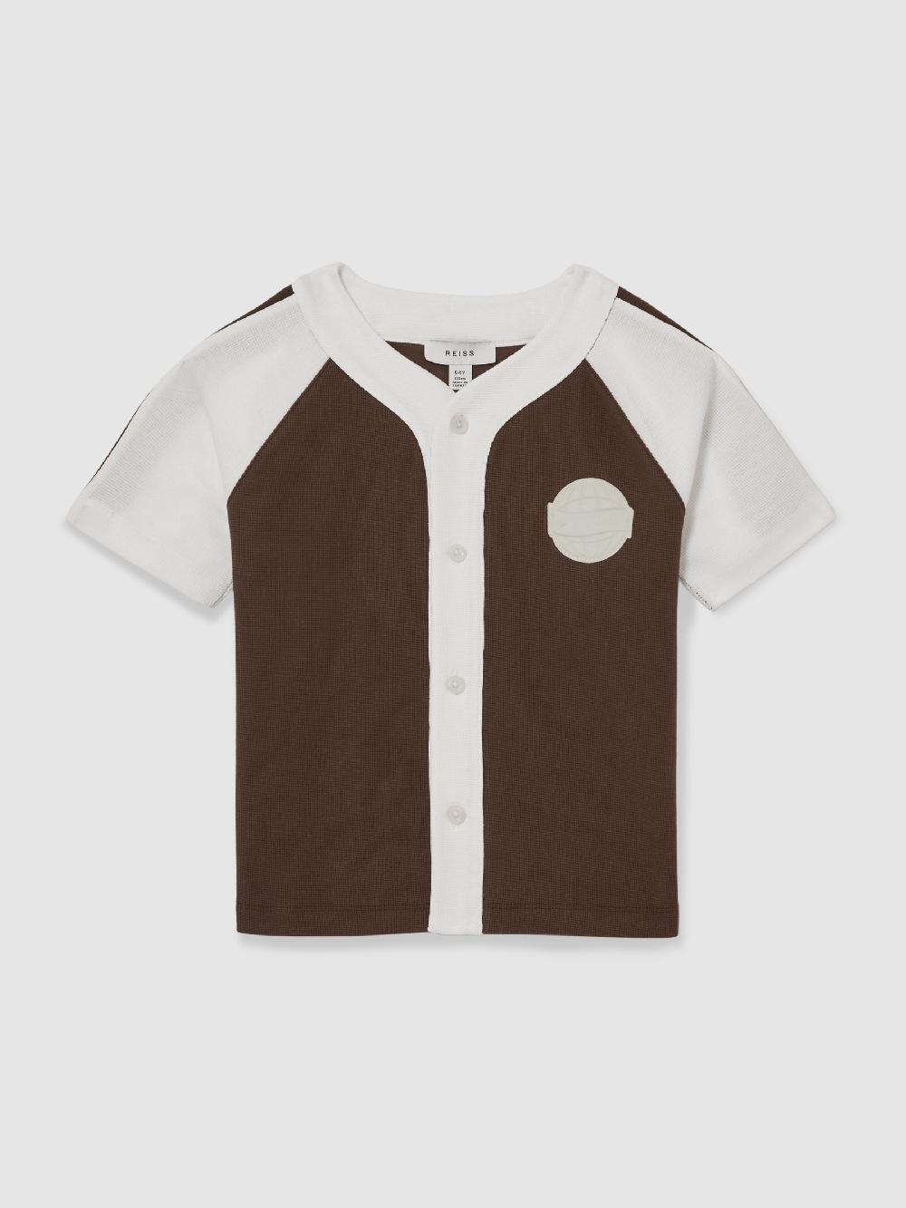 Reiss 3-9 Yrs Cotton Waffle-Knit Badge Shirt In Chocolate Brown / Off White