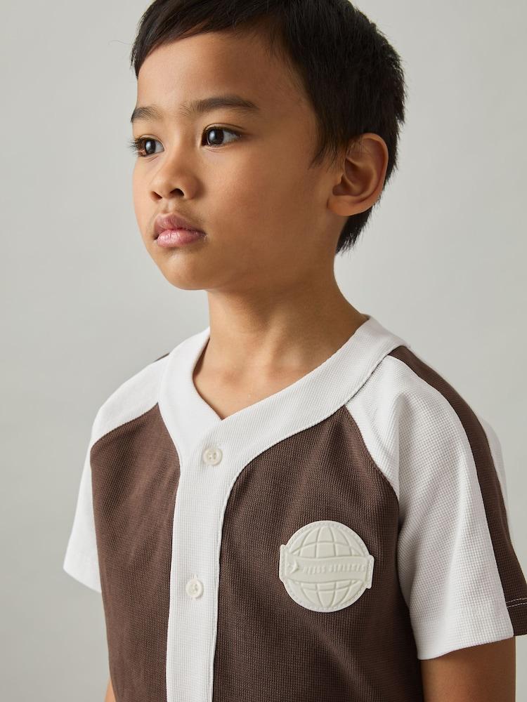 reiss 3-9 yrs Cotton Waffle-Knit Badge Shirt in Chocolate Brown / Off White