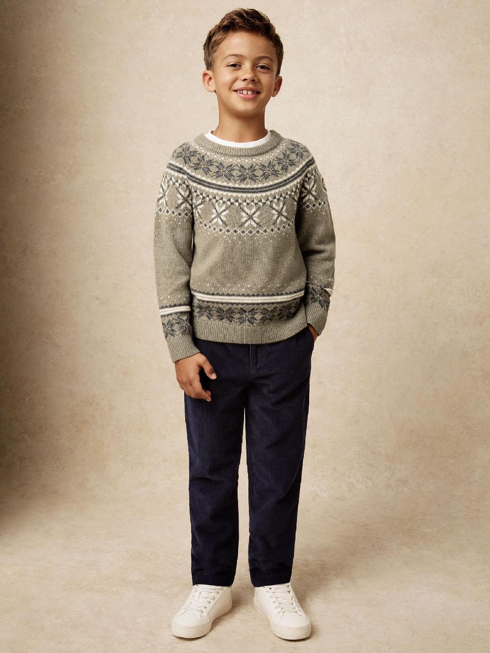 Reiss 3-9 Yrs Fair Isle Crew-Neck Jumper With Wool In Sage Green