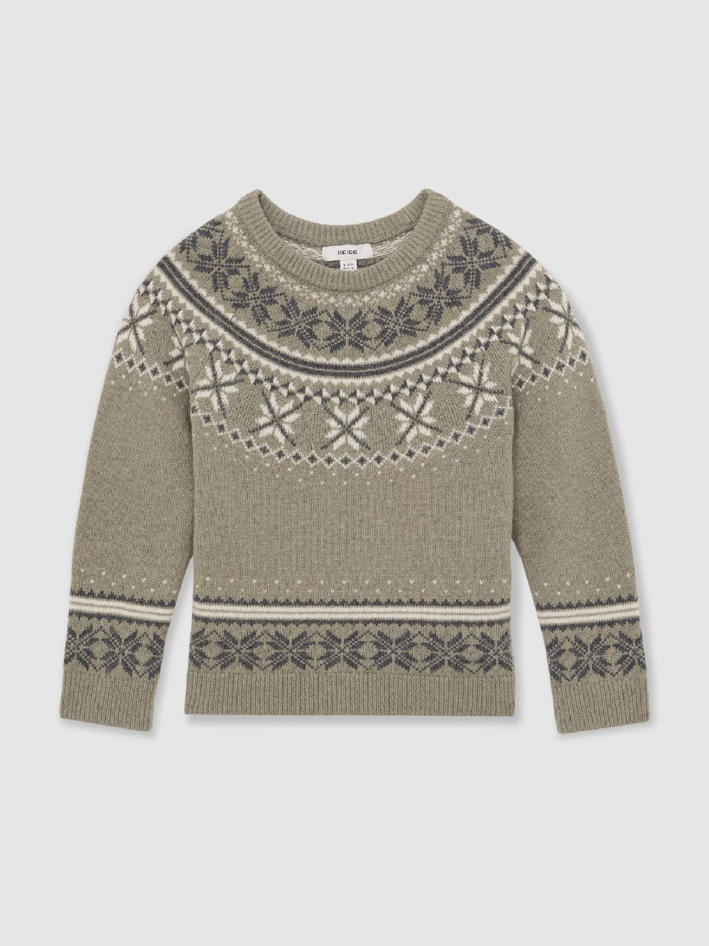 Reiss 3-9 Yrs Fair Isle Crew-Neck Jumper With Wool In Sage Green