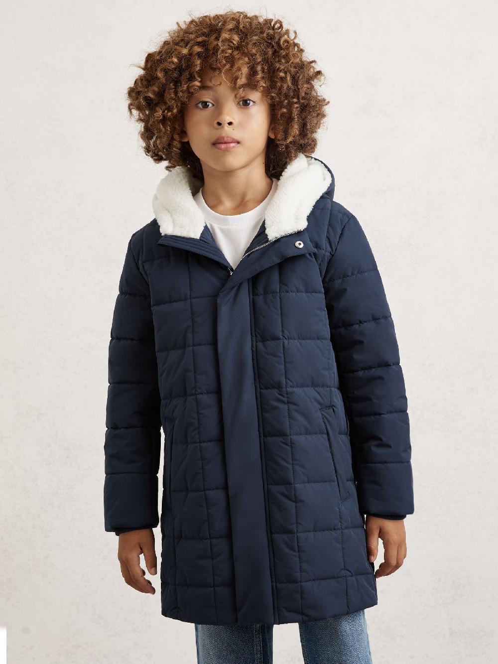 Reiss 3-9 Yrs Fleece-Trim Hooded Puffer Jacket In Navy