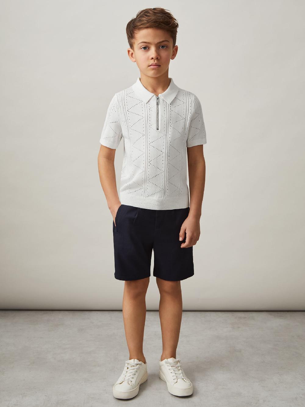 Reiss 3-9 Yrs Half-Zip Pointelle Polo Shirt In Off White