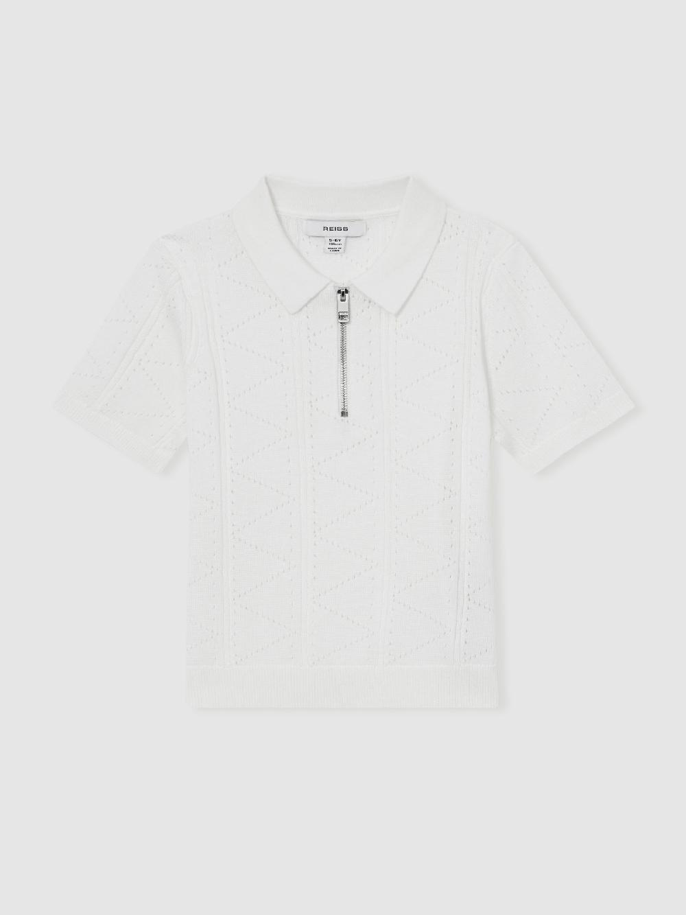 Reiss 3-9 Yrs Half-Zip Pointelle Polo Shirt In Off White