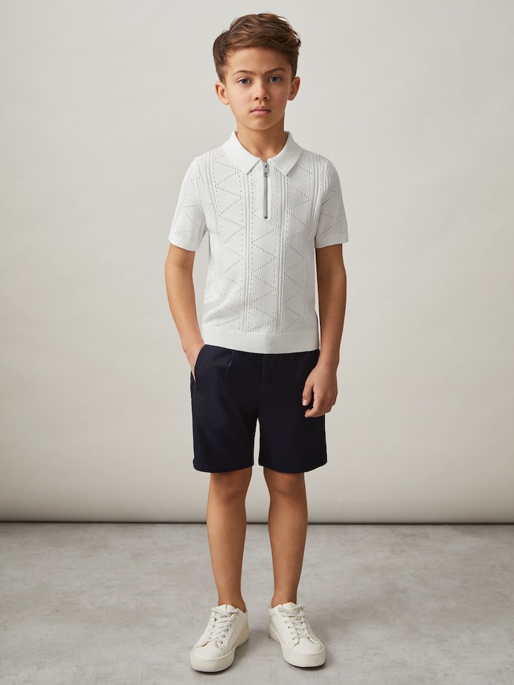 reiss 3-9 yrs Half-Zip Pointelle Polo Shirt in Off White