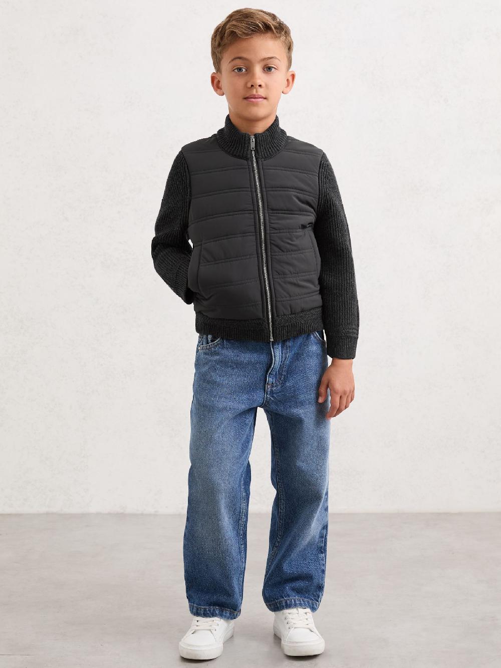 Reiss 3-9 Yrs Hybrid Quilt And Knit Zip-Through Jacket In Charcoal Melange