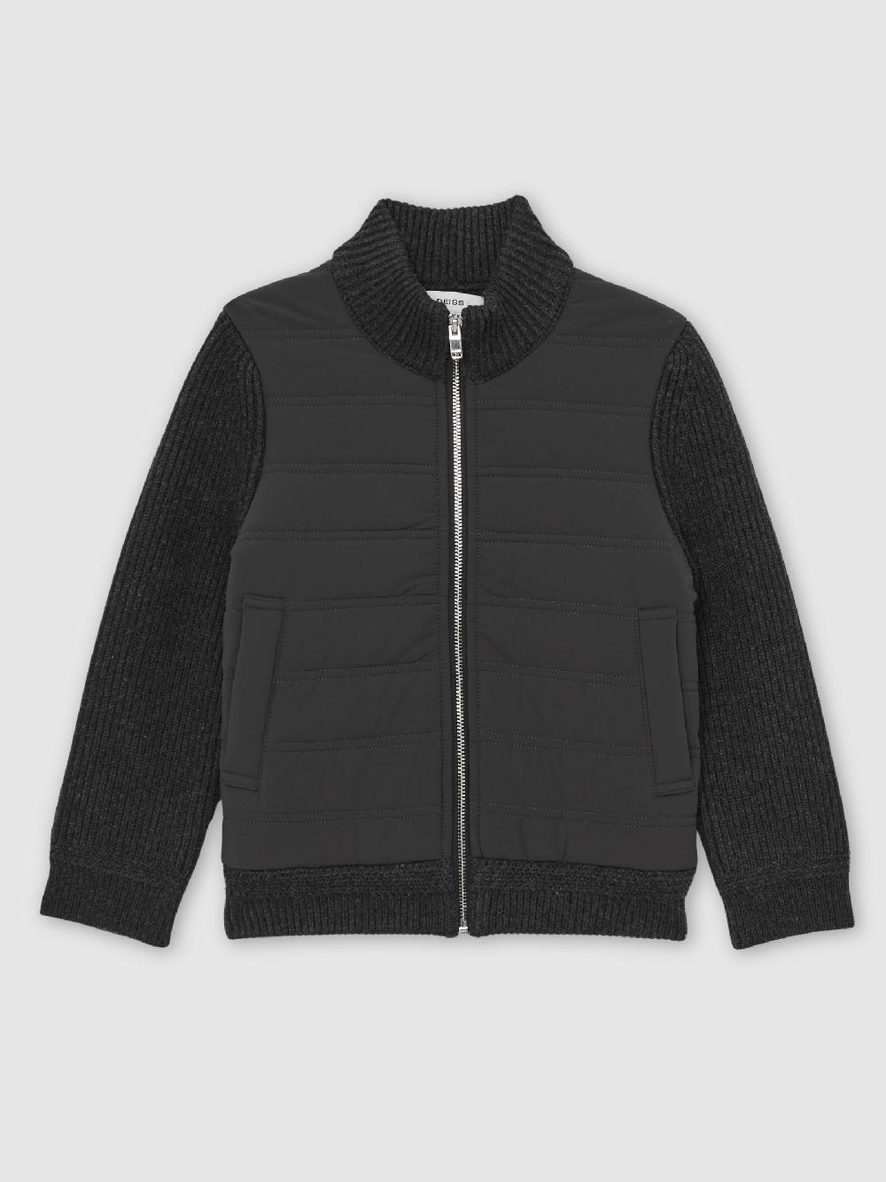 Reiss 3-9 Yrs Hybrid Quilt And Knit Zip-Through Jacket In Charcoal Melange