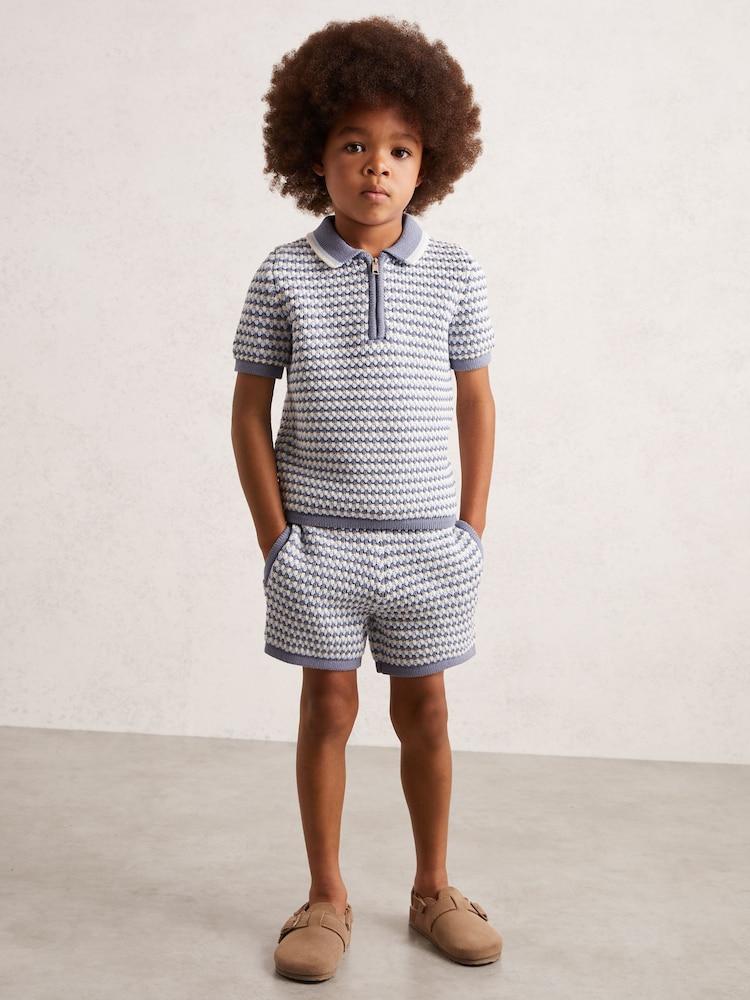 reiss 3-9 yrs Knitted Stripe Half-Zip Polo Shirt in Blue/White