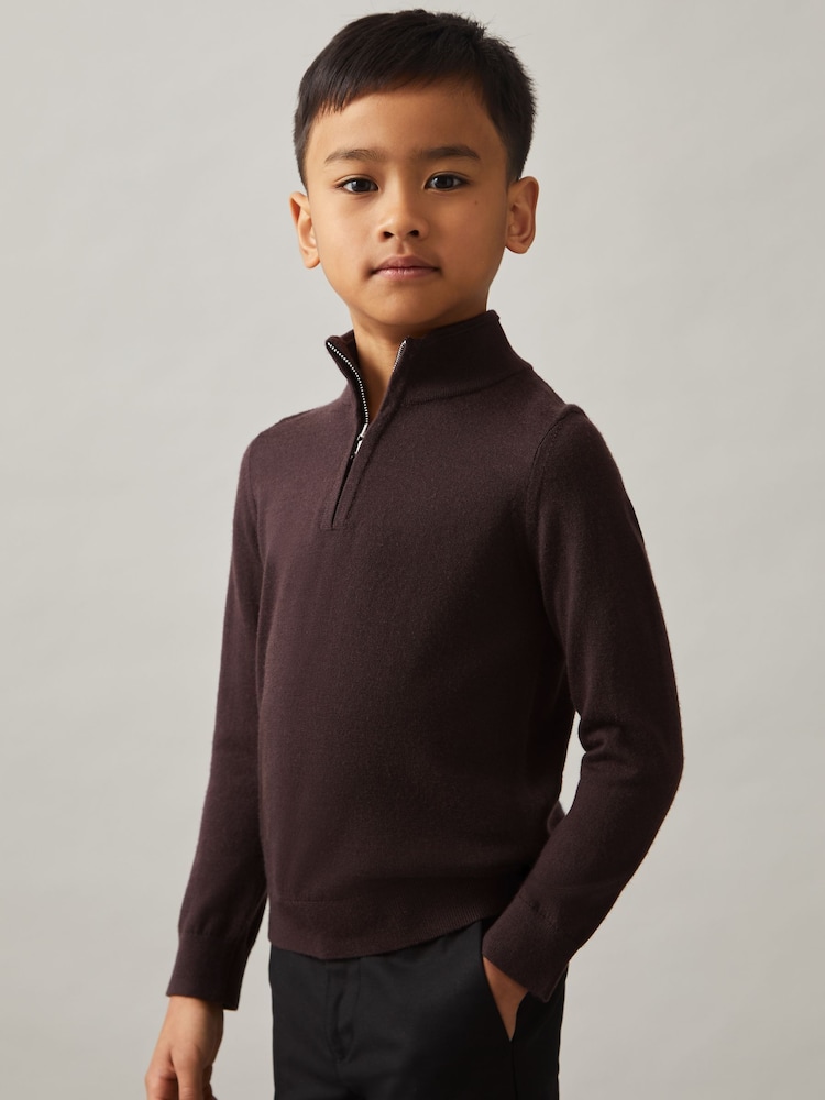 reiss 3-9 yrs Merino Wool Half-Zip Funnel Neck Jumper in Dark Bordeaux