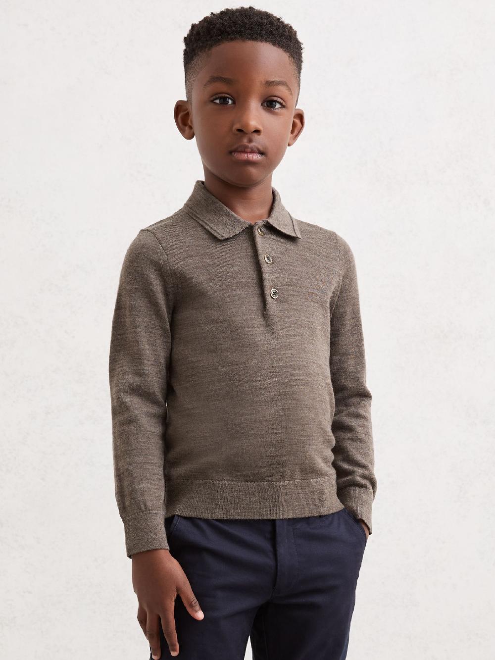Reiss 3-9 Yrs Merino Wool Long-Sleeve Polo Shirt In Dark Brown Melange