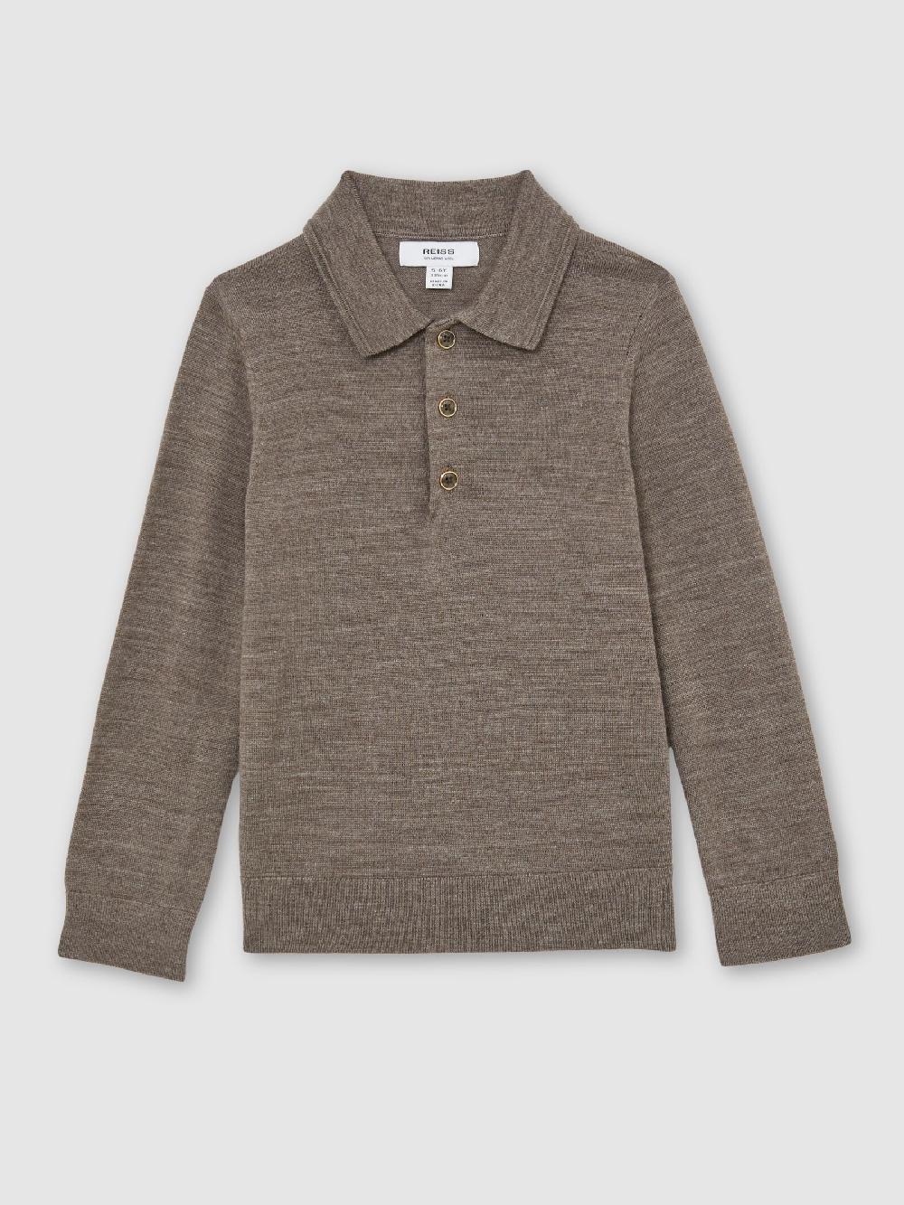 Reiss 3-9 Yrs Merino Wool Long-Sleeve Polo Shirt In Dark Brown Melange