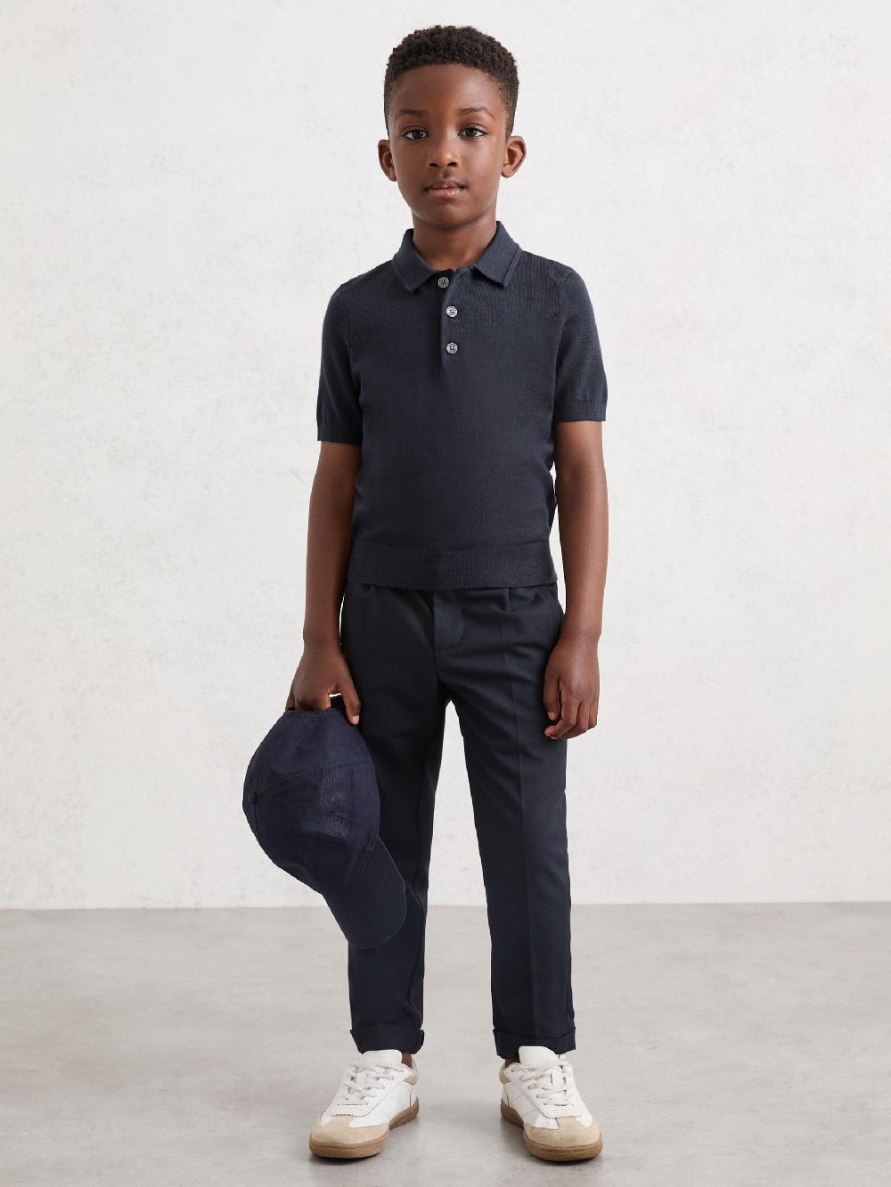 Reiss 3-9 Yrs Merino Wool Short Sleeve Polo Shirt In Midnight Navy