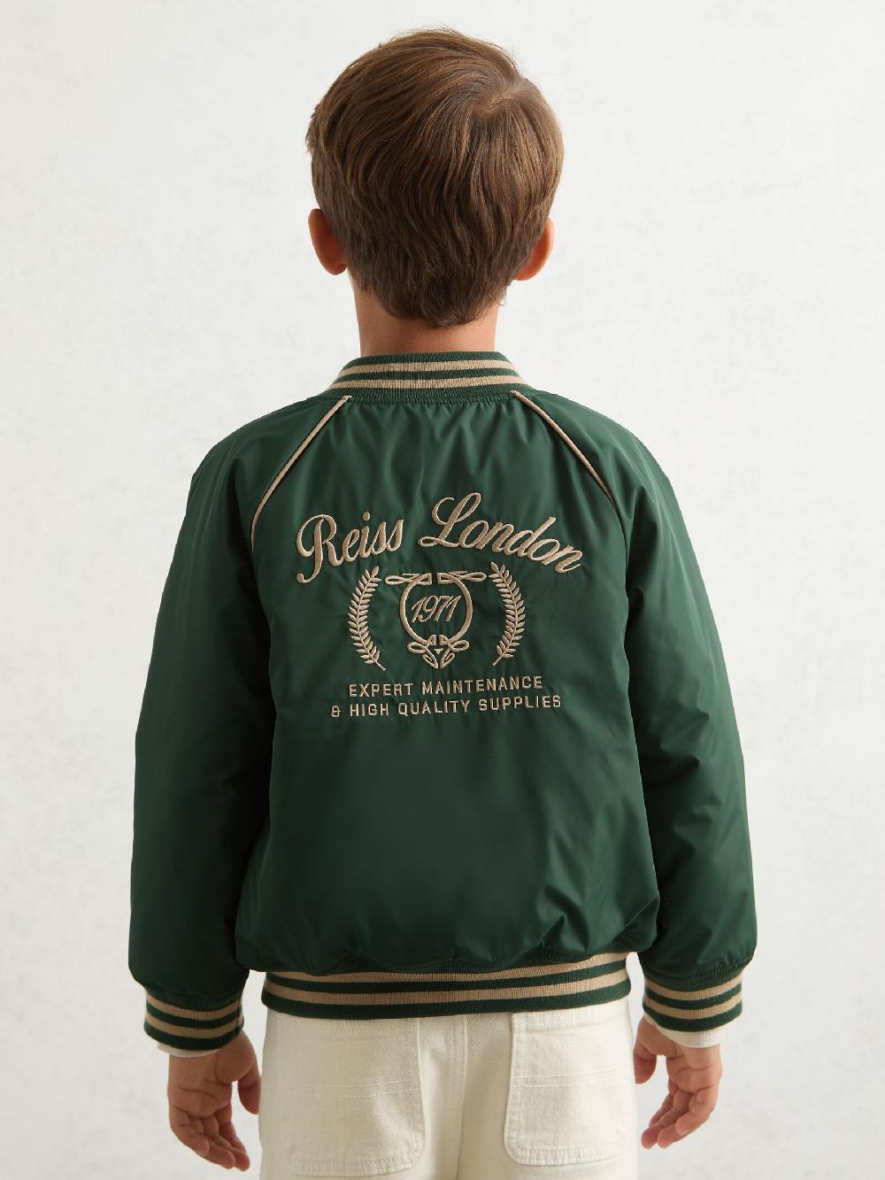 Reiss 3-9 Yrs Motor Cars Embroidered Bomber Jacket In Forest Green/Off White