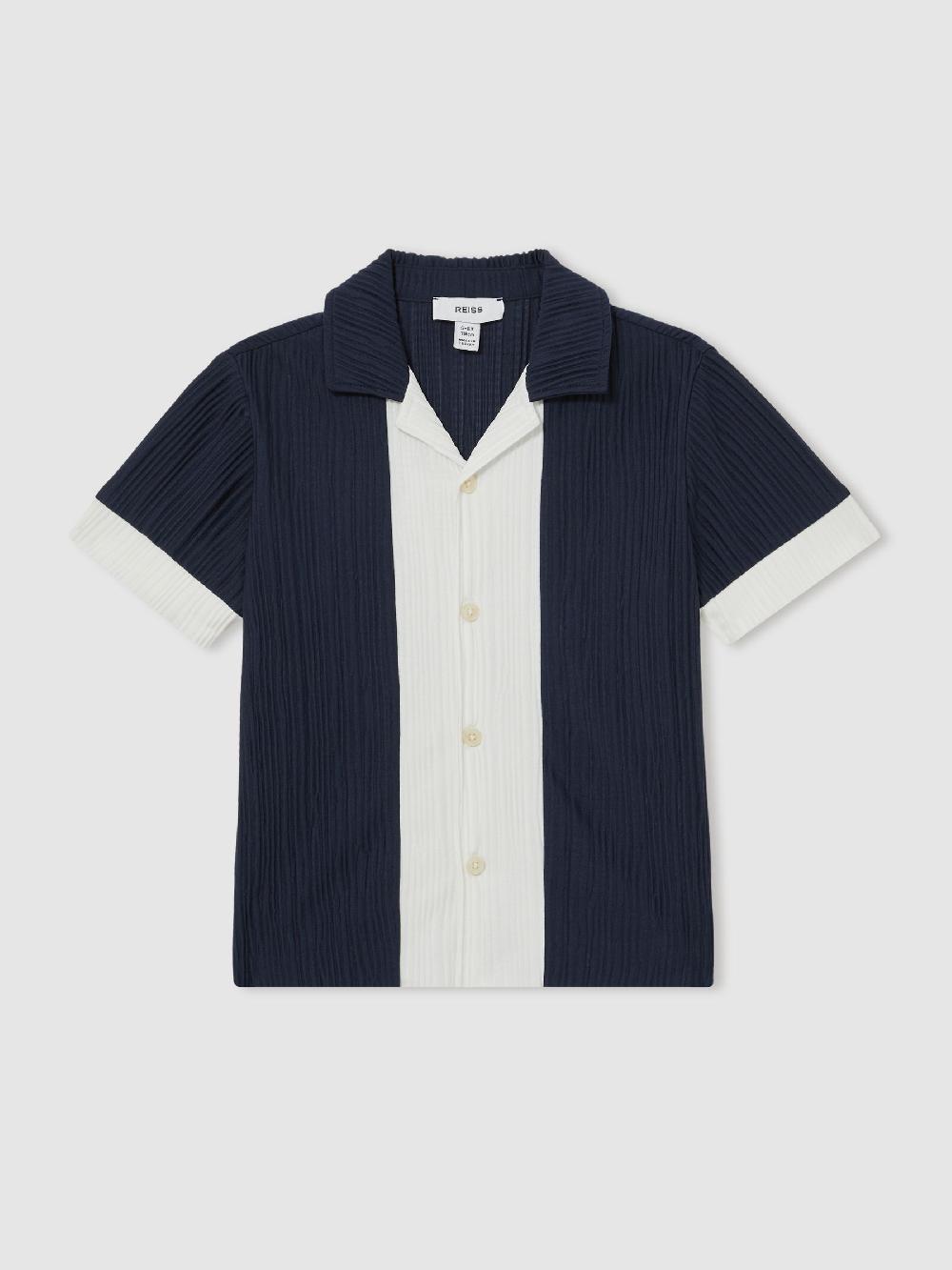 Reiss 3-9 Yrs Plissé Colour-Block Shirt In Navy/White