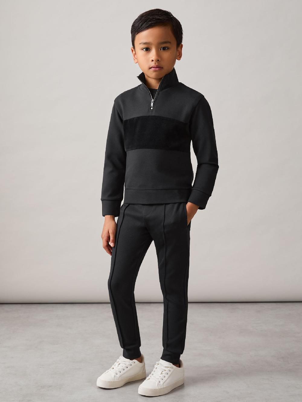 Reiss 3-9 Yrs Premium Interlock Panel Zip Sweatshirt In Black