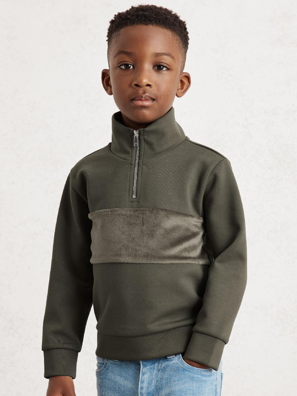 Reiss 3-9 Yrs Premium Interlock Panel Zip Sweatshirt In Dark Sage Green