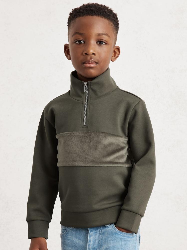 reiss 3-9 yrs Premium Interlock Panel Zip Sweatshirt in Dark Sage Green
