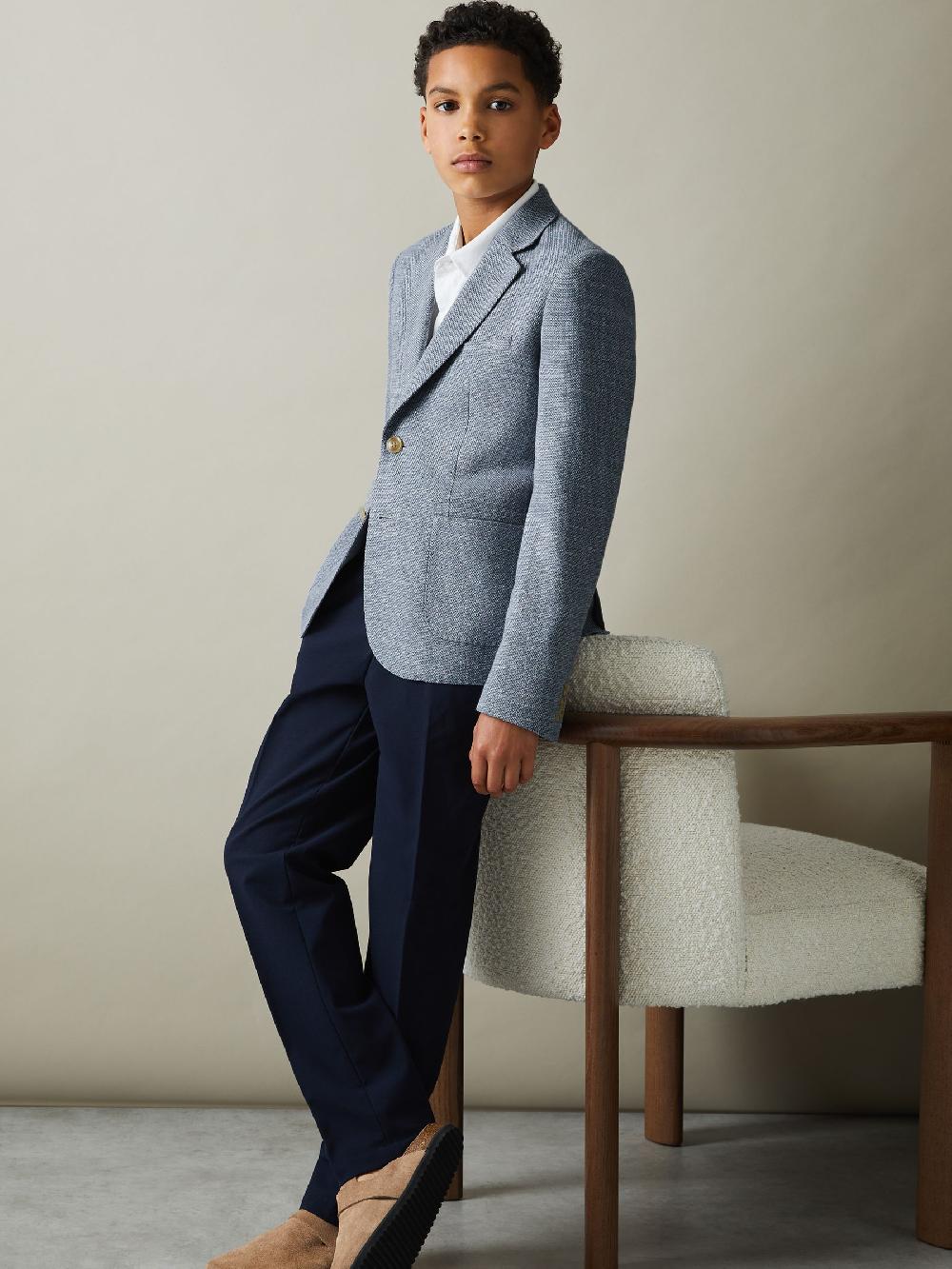 Reiss 3-9 Yrs Slub Check Single Breasted Blazer In Soft Blue