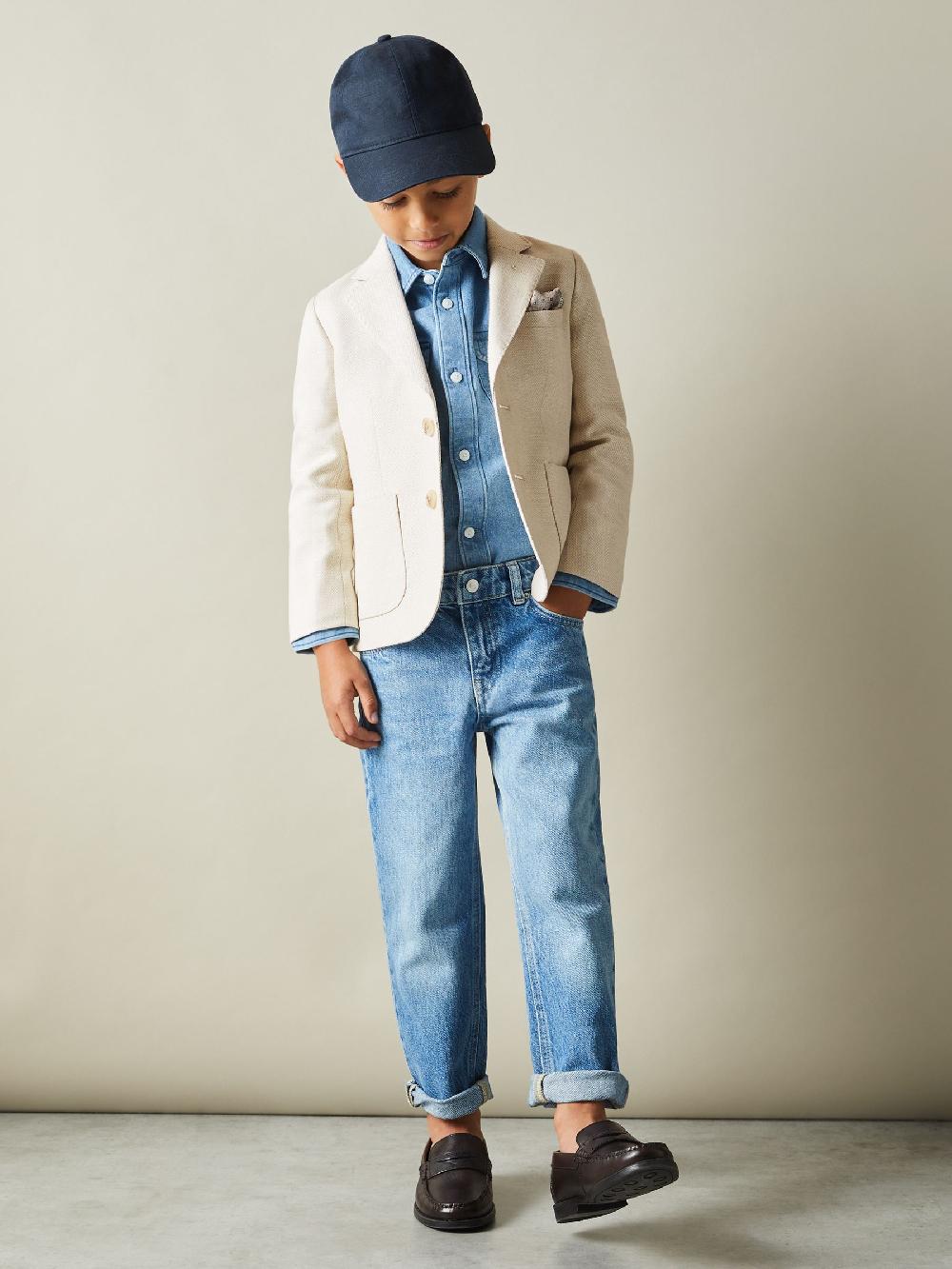 Reiss 3-9 Yrs Slub Check Single Breasted Blazer In Stone