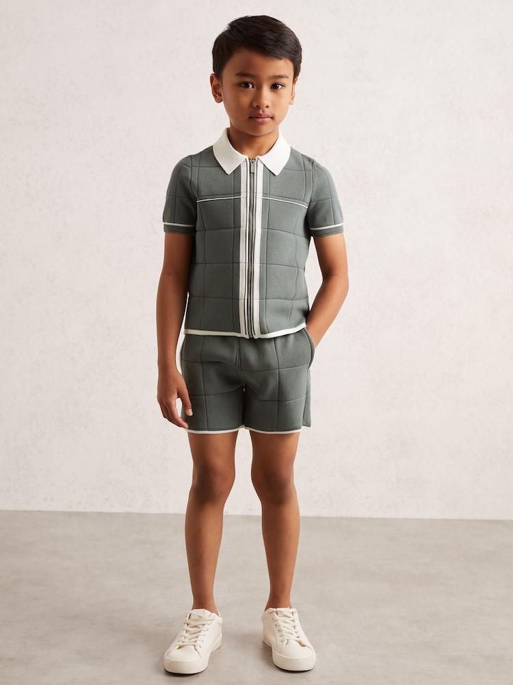 reiss 3-9 yrs Tipped Knit Stitch-Detail Shorts in Dark Sage Green