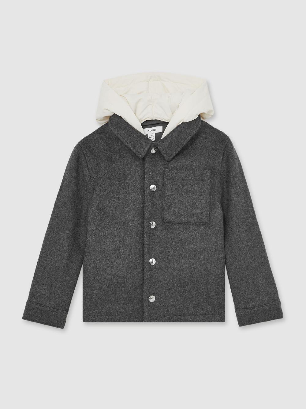 Reiss 3-9 Yrs Wool-Blend Detachable-Hood Overshirt In Charcoal