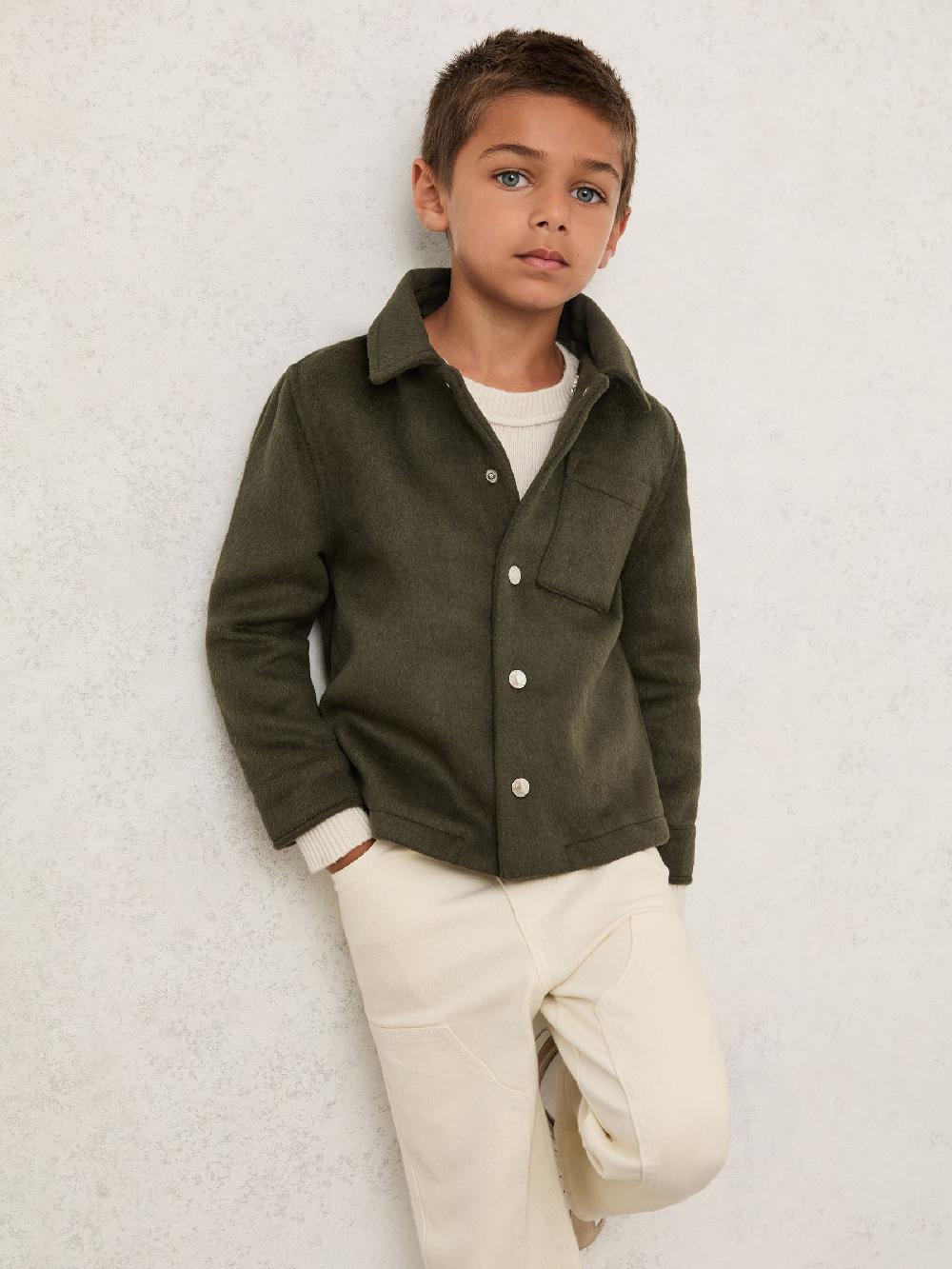 Reiss 3-9 Yrs Wool-Blend Detachable-Hood Overshirt In Dark Sage Green
