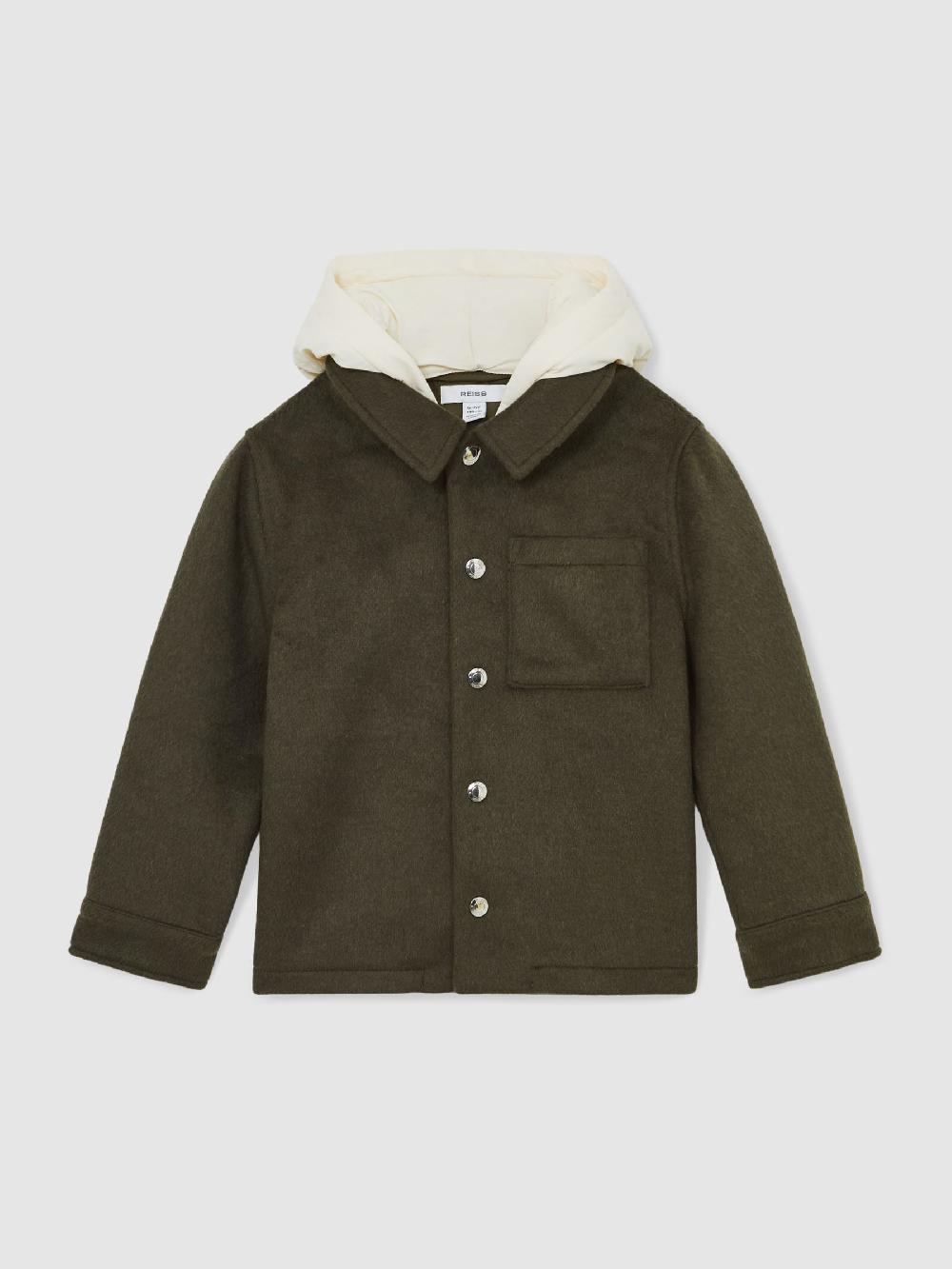 Reiss 3-9 Yrs Wool-Blend Detachable-Hood Overshirt In Dark Sage Green