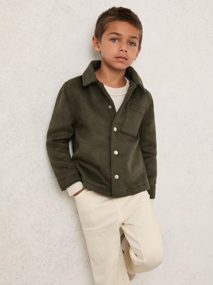 reiss 3-9 yrs Wool-Blend Detachable-Hood Overshirt in Dark Sage Green