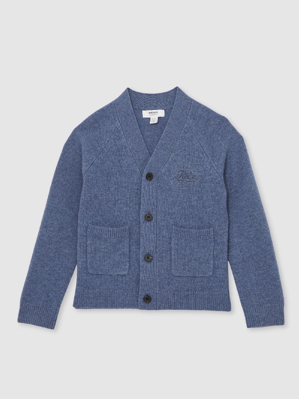 Reiss 3-9 Yrs Wool Embroidered-Logo Cardigan In Dark Airforce Blue