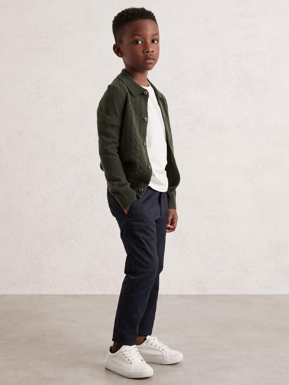 Reiss 3-9 Yrs Wool V-Stitch Button-Through Cardigan In Forest Green