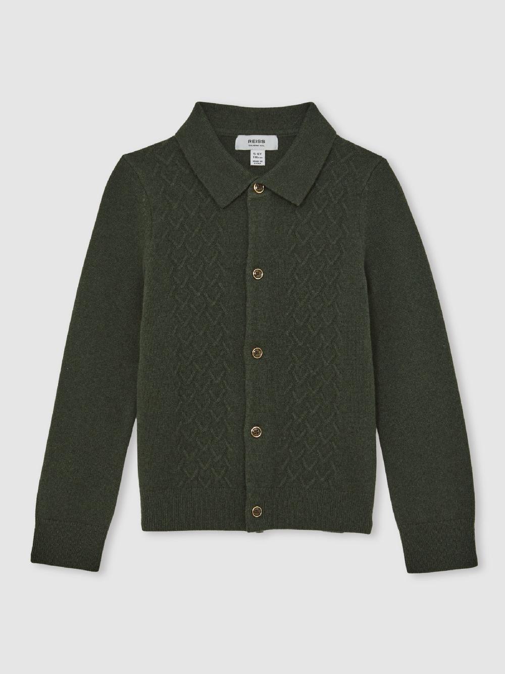 Reiss 3-9 Yrs Wool V-Stitch Button-Through Cardigan In Forest Green