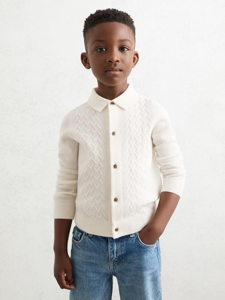 reiss 3-9 yrs Wool V-Stitch Button-Through Cardigan in Off White