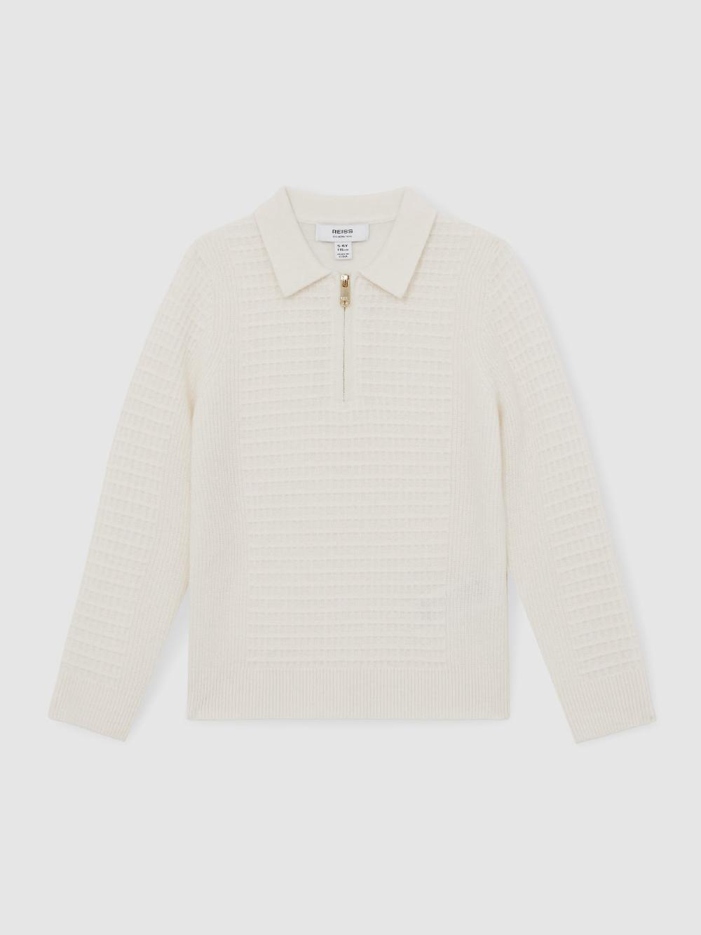 Reiss 3-9 Yrs Wool Waffle-Knit Half-Zip Polo Shirt In Off White