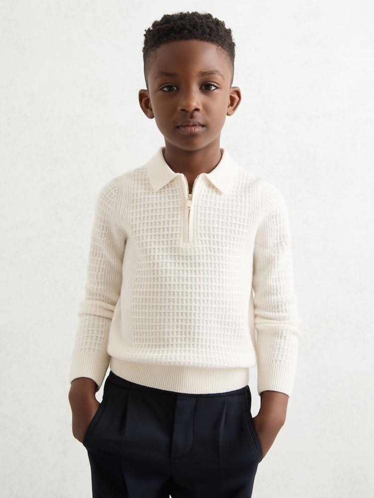 reiss 3-9 yrs Wool Waffle-Knit Half-Zip Polo Shirt in Off White