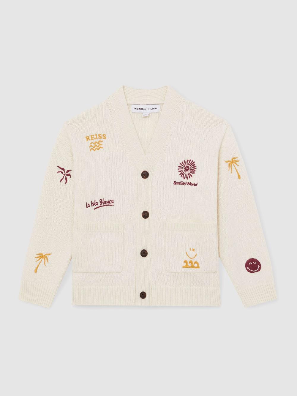 Reiss 4-9 Yrs SmileyWorld | Reiss Embroidery Cardigan Unisex Fit In Off White