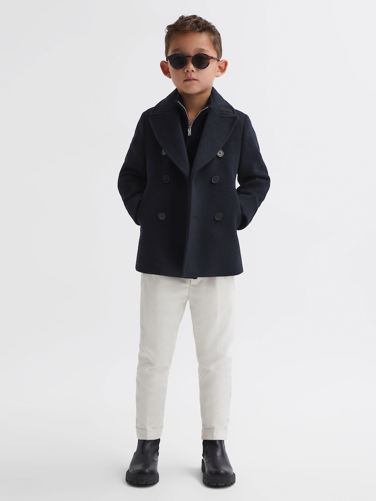 reiss 4-9 yrs Wool Blend Twill Double Breasted Coat in Navy
