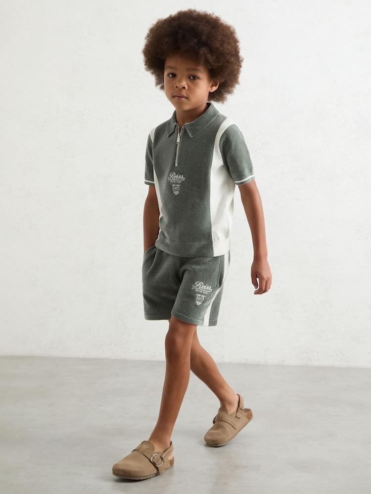 reiss 9-13 yrs Chenille Tipped Motor Cars Polo Shirt in Dark Sage Green/White