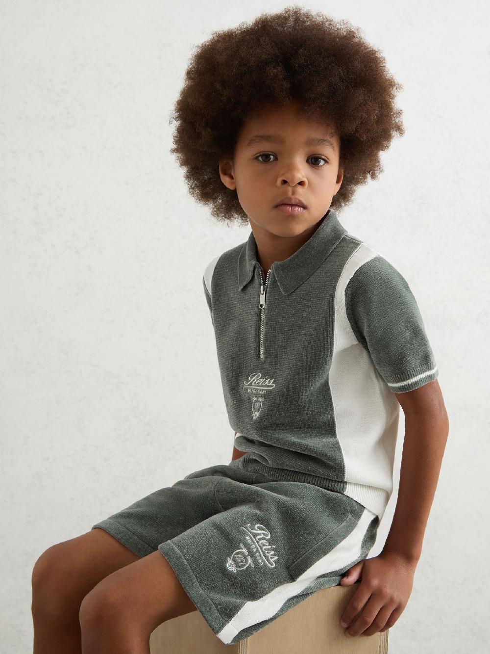 Reiss 9-13 Yrs Chenille Tipped Motor Cars Shorts In Dark Sage Green/White