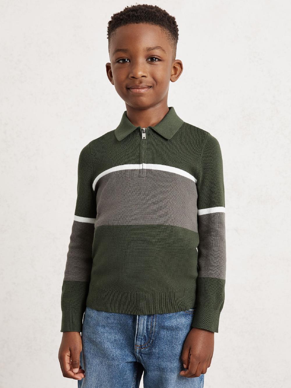 Reiss 9-13 Yrs Cotton-Blend Colour-Block Polo Shirt In Green/Grey