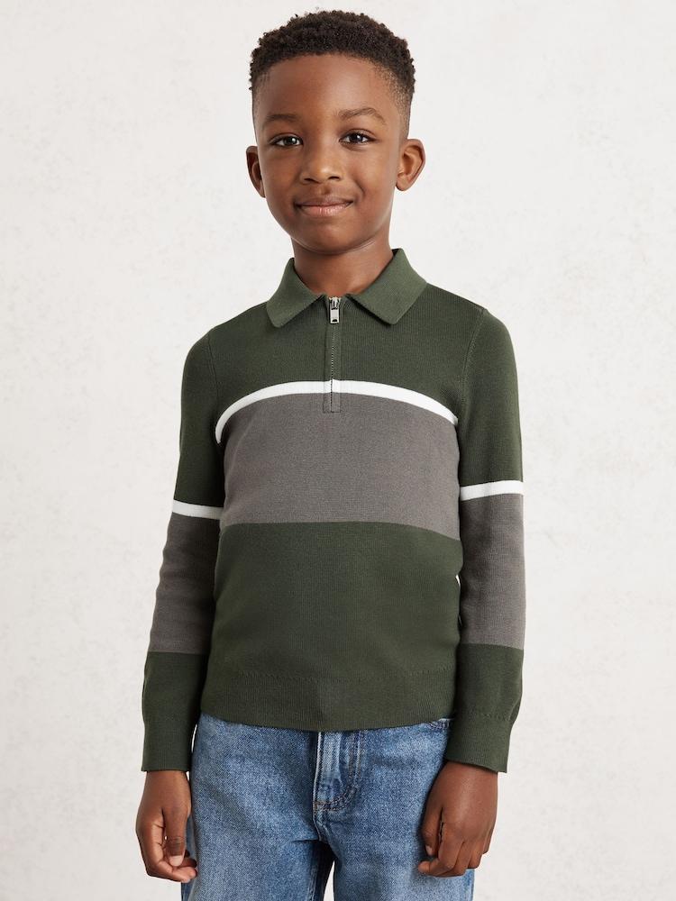 reiss 9-13 yrs Cotton-Blend Colour-Block Polo Shirt in Green/Grey