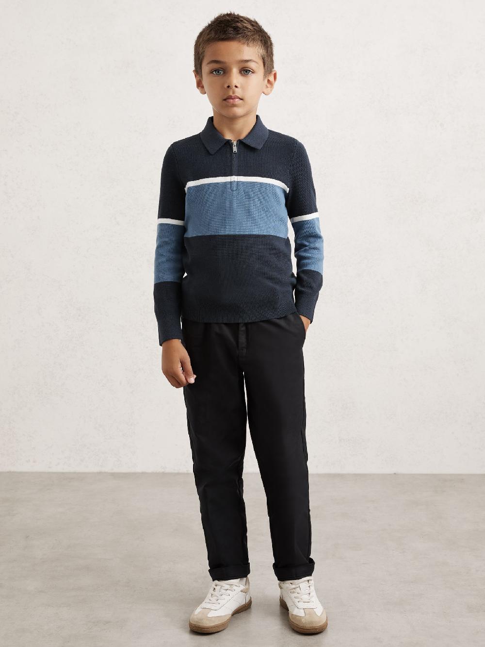 Reiss 9-13 Yrs Cotton-Blend Colour-Block Polo Shirt In Navy Blue/Airforce Blue
