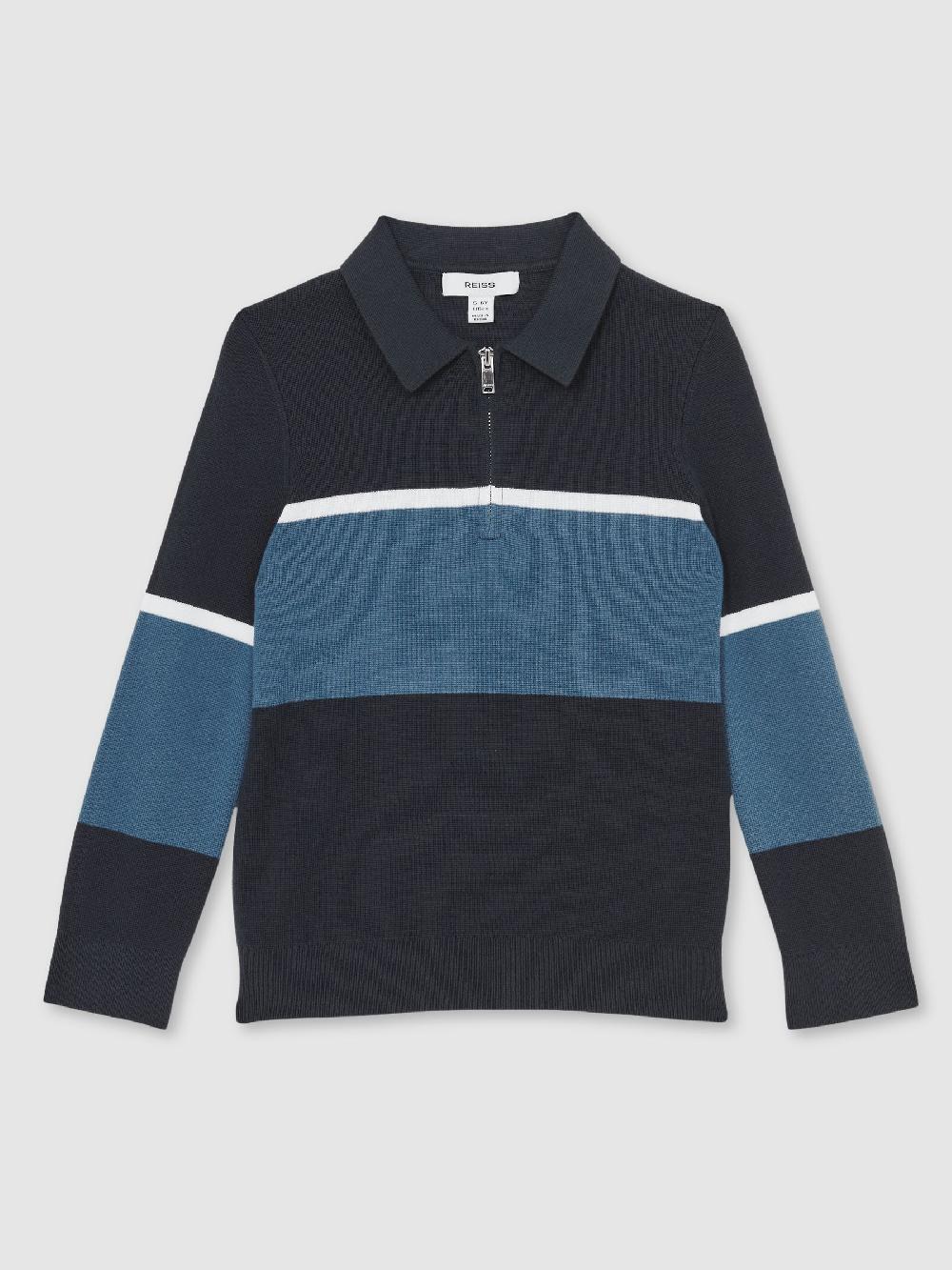Reiss 9-13 Yrs Cotton-Blend Colour-Block Polo Shirt In Navy Blue/Airforce Blue