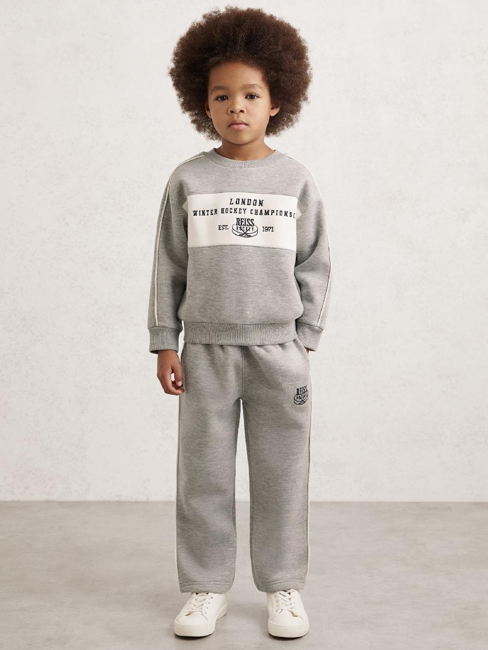 Reiss 9-13 Yrs Cotton-Blend Hockey Sweatshirt With Contrast-Piping In Grey Melange