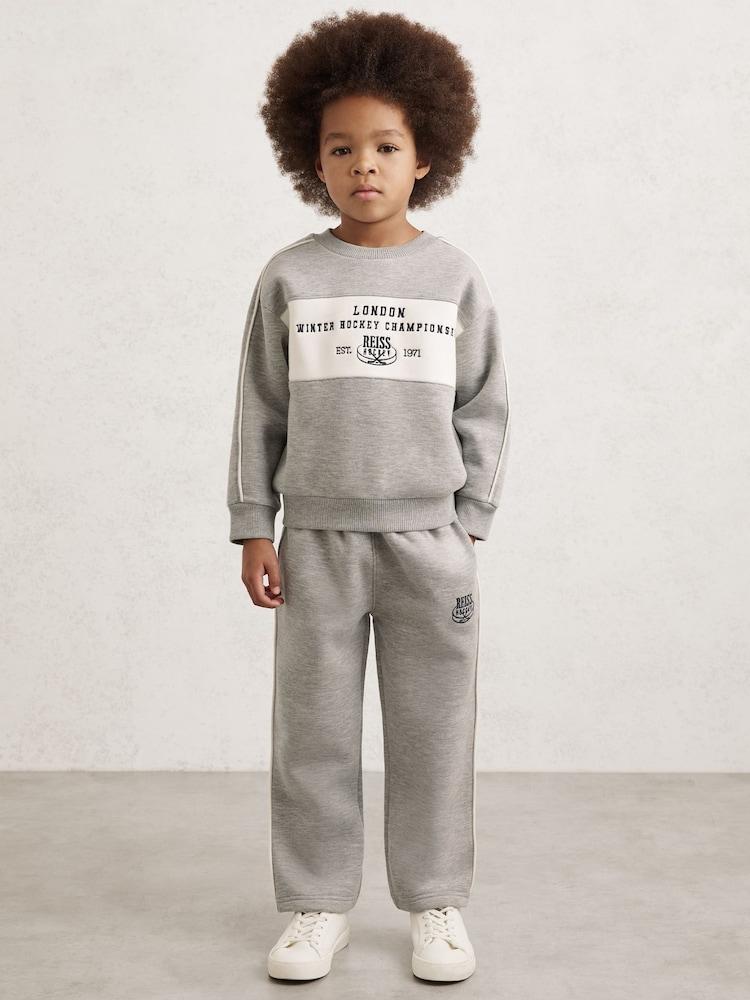 reiss 9-13 yrs Cotton-Blend Hockey Sweatshirt with Contrast-Piping in Grey Melange