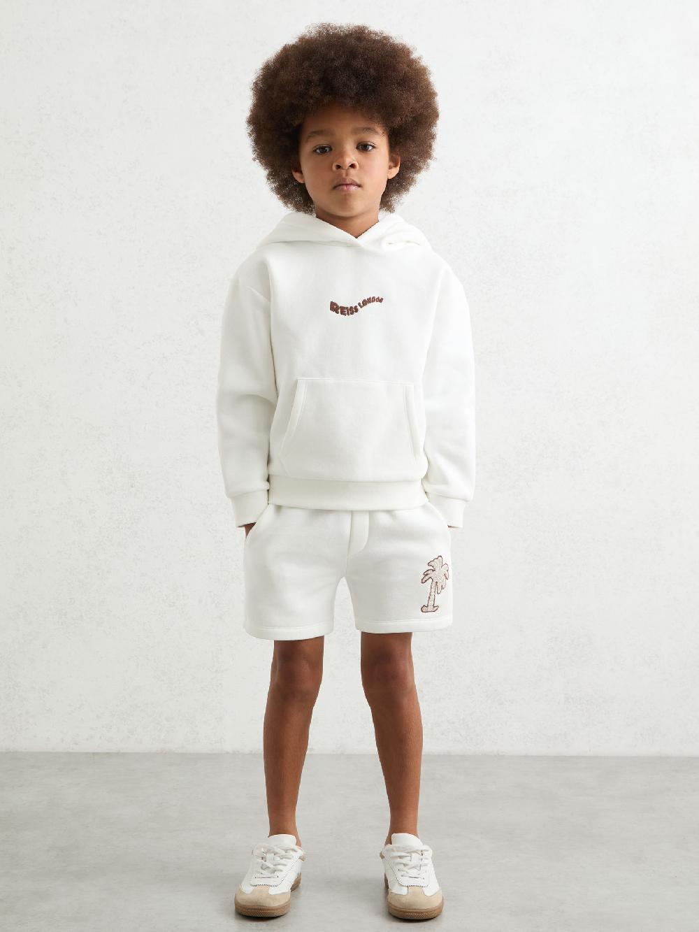 Reiss 9-13 Yrs Cotton Blend Palm Embroidered Shorts In Off White