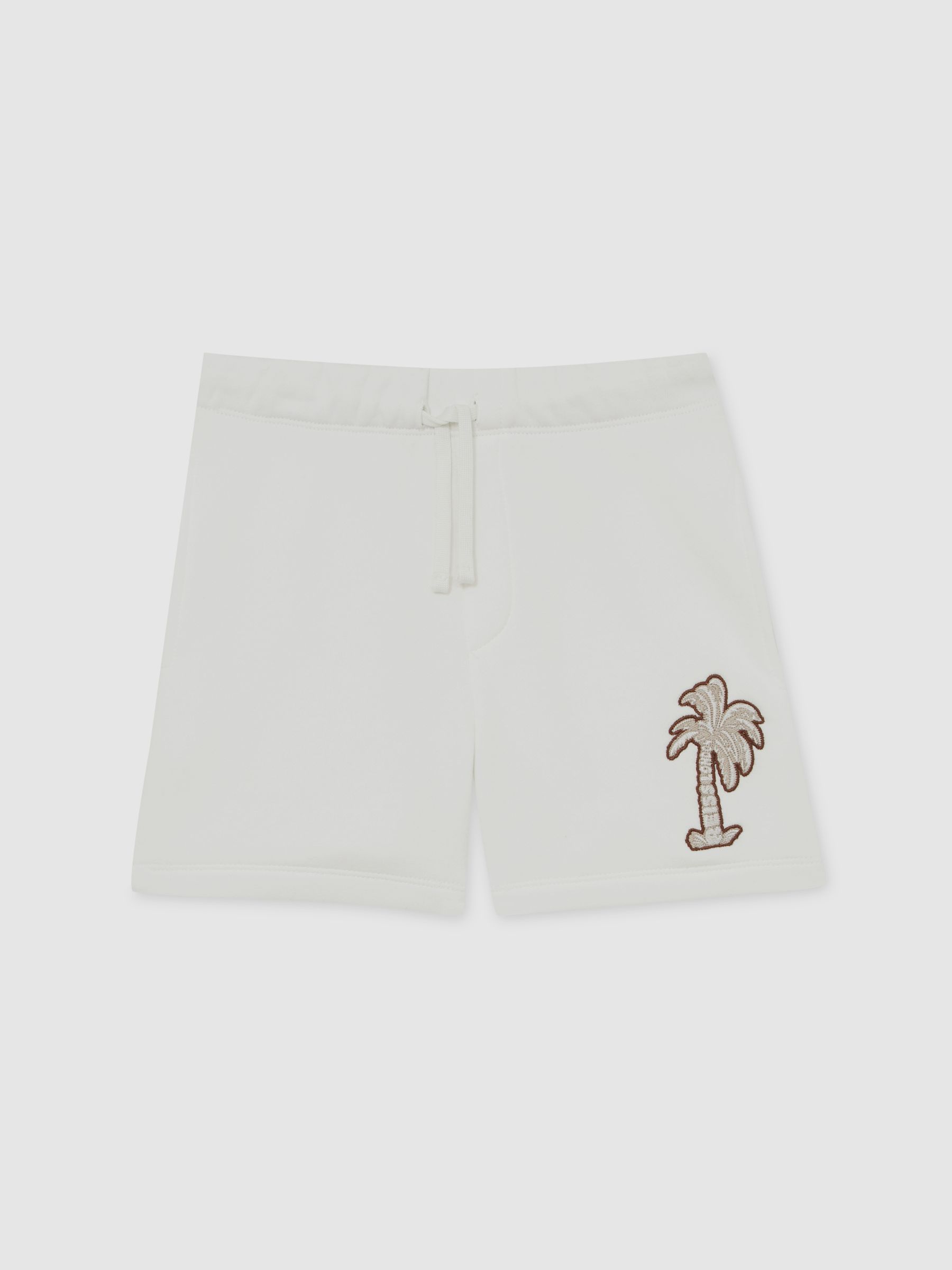 Reiss 9-13 Yrs Cotton Blend Palm Embroidered Shorts In Off White