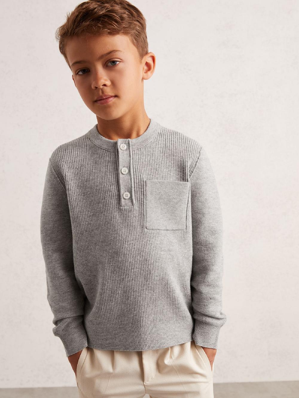 Reiss 9-13 Yrs Cotton-Blend Rib-Knit Henley Top In Mid Grey Melange